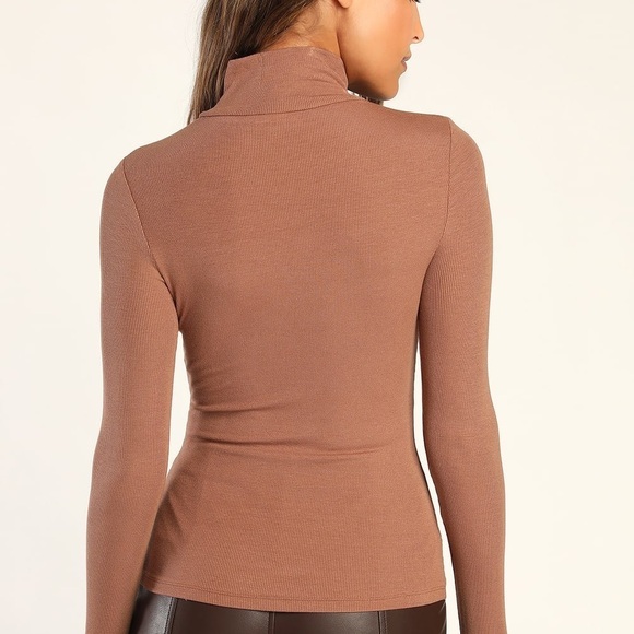 LULU’S Flirty Little Secret Brown Ribbed Mock Neck Cutout Long Sleeve Top - Picture 5 of 6